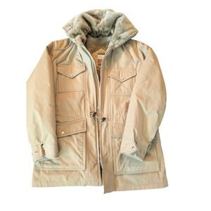 VTG Mighty-Mac Vintage Tan Sherpa Fur Lined Hooded Parka Jacket Mens Made USA XL